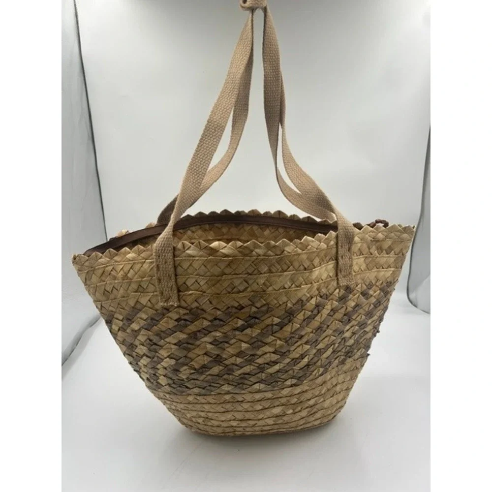 Unbranded Woven Straw Tote Bag Womens Medium Brown Beige Good Boho Chevron Zip